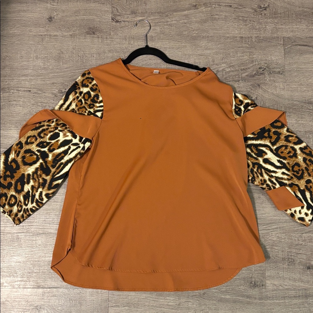 Orange Top with Leopard Print Sleeves